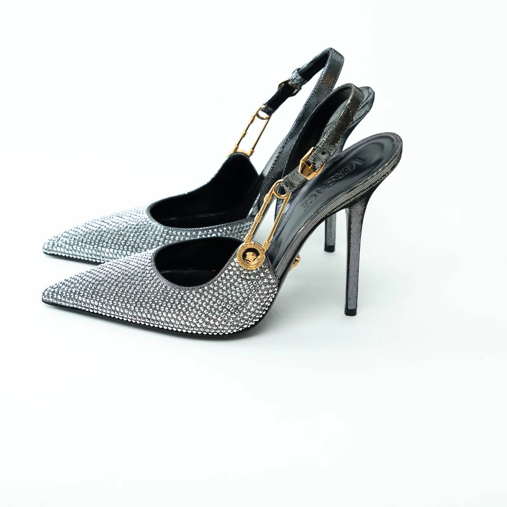 Versace Silver Crystal Embellished Slingback Pumps Size 40 Coeur Cult Core