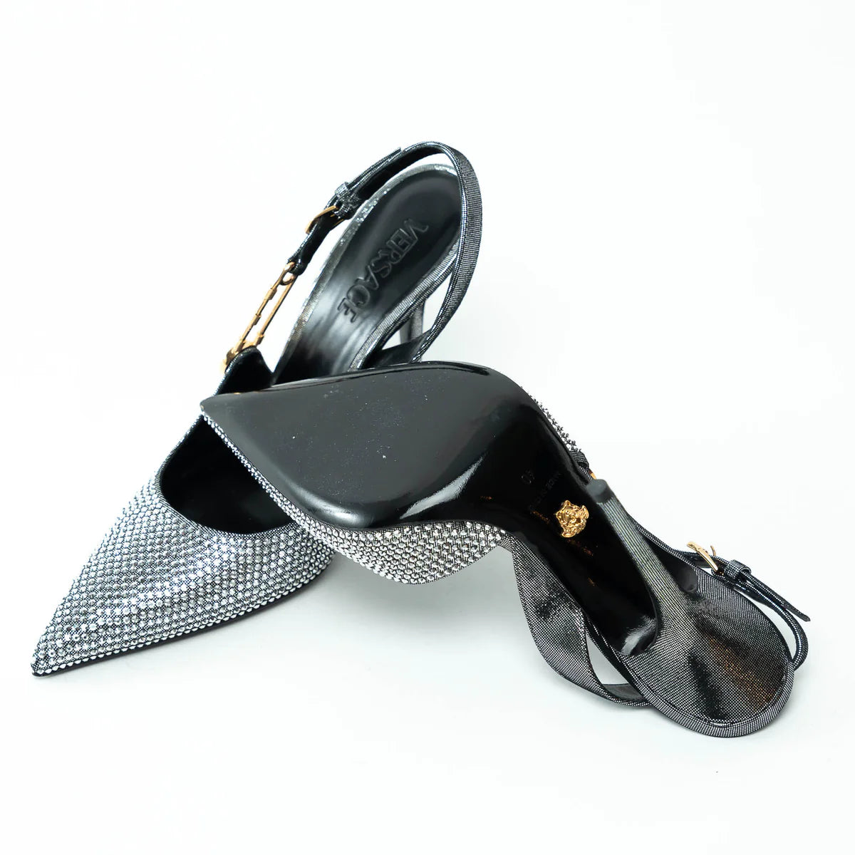 Versace Silver Crystal Embellished Slingback Pumps Size 40 Coeur Cult Core