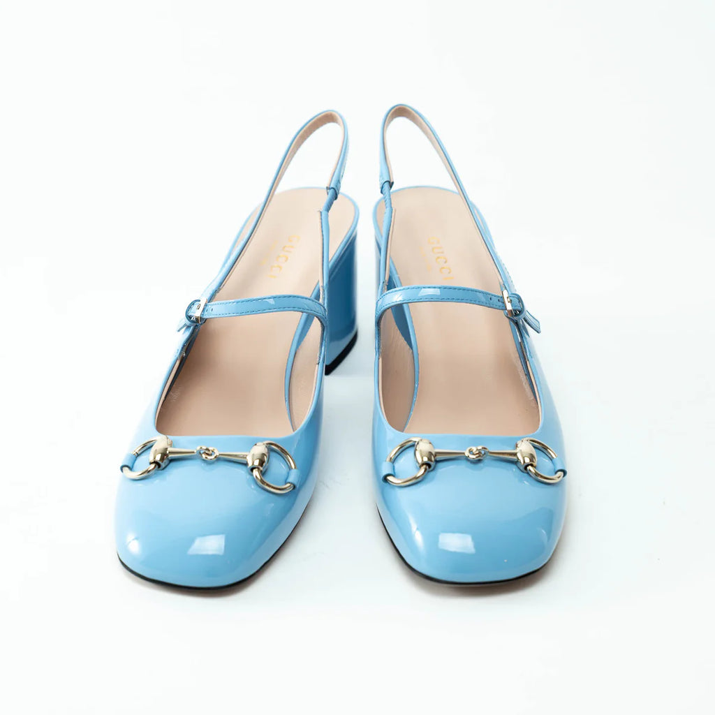 Gucci Blue Patent Leather Slingbacks with Horsebit Size 38 Coeur Cult Core