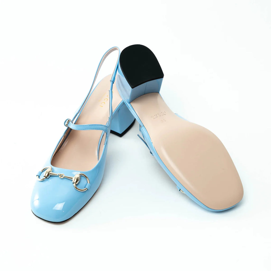 Gucci Blue Patent Leather Slingbacks with Horsebit Size 38 Coeur Cult Core