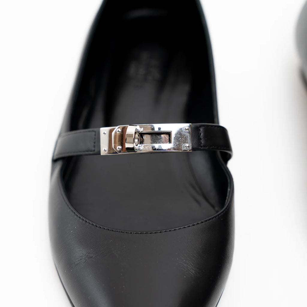 Hermes Black Lambskin Leather Kelly Ballet Flats Size 38.5