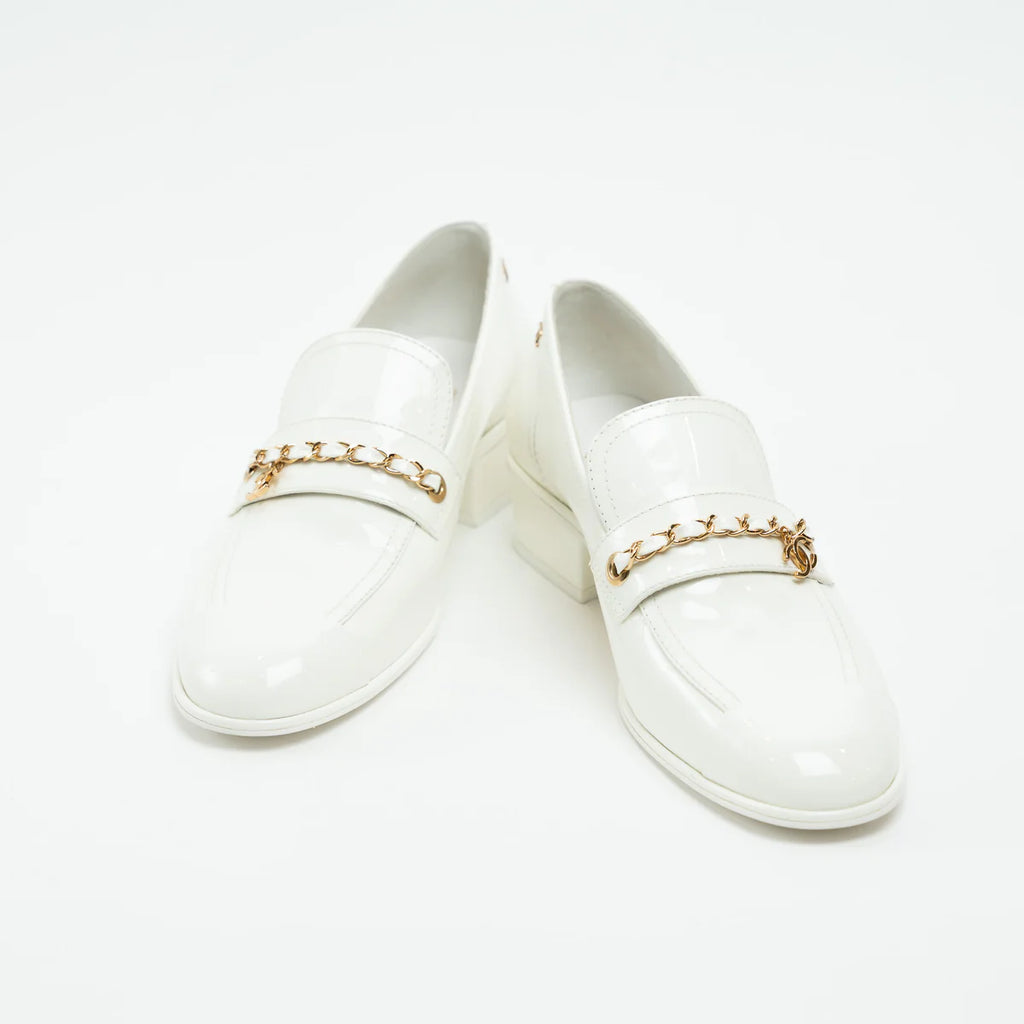 Chanel White Patent Leather Loafers Size 39C