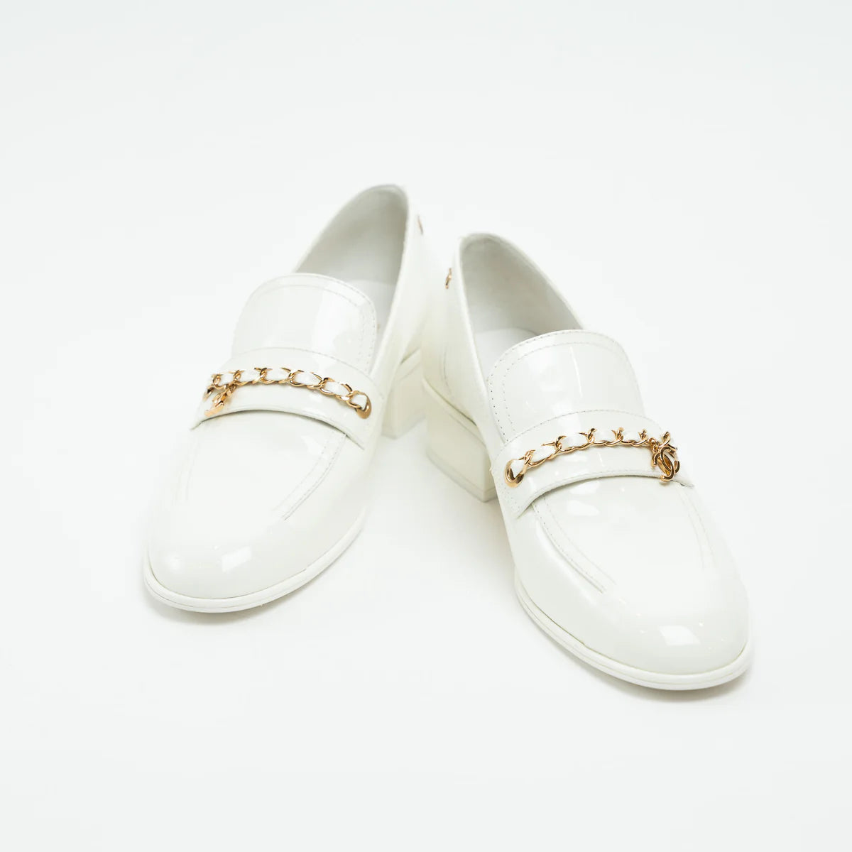 Chanel White Patent Leather Loafers Size 39C