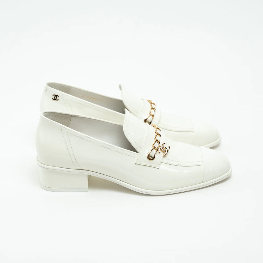 Chanel White Patent Leather Loafers Size 39C