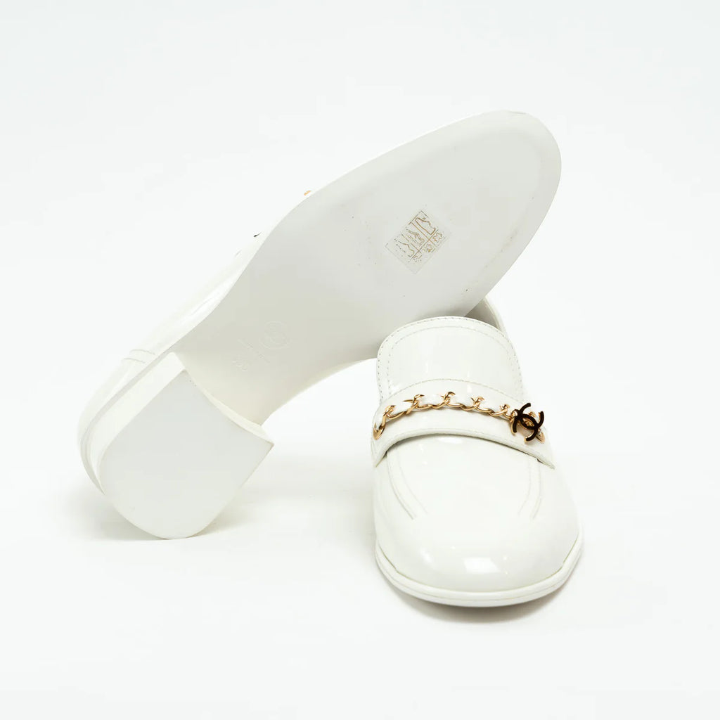 Chanel White Patent Leather Loafers Size 39C
