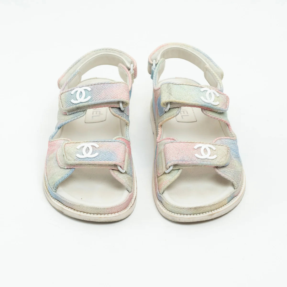 Pre-Loved Chanel™ Pink and Blue Multicolor Corduroy Dad Sandals Size 37C