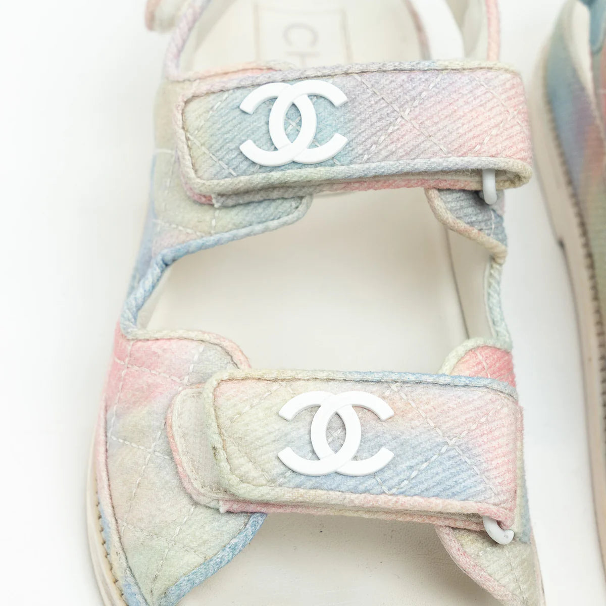 Pre-Loved Chanel™ Pink and Blue Multicolor Corduroy Dad Sandals Size 37C