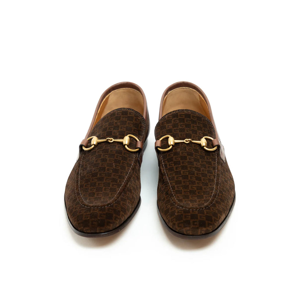 Gucci Brown Monogram Suede Horsebit Loafers Size 8 Coeur Cult Core
