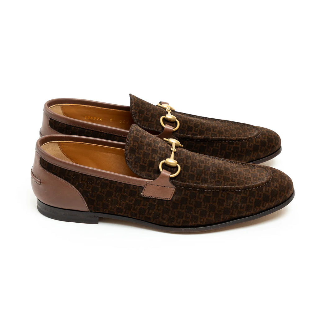 Gucci Brown Monogram Suede Horsebit Loafers Size 8 Coeur Cult Core