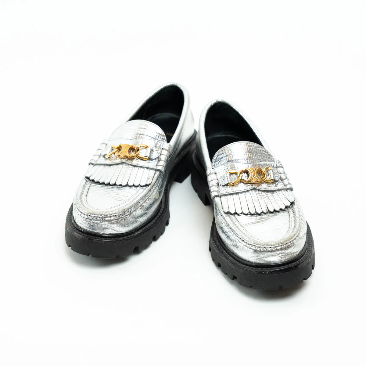Celine Metallic Croc Embossed Leather Loafers Size 38