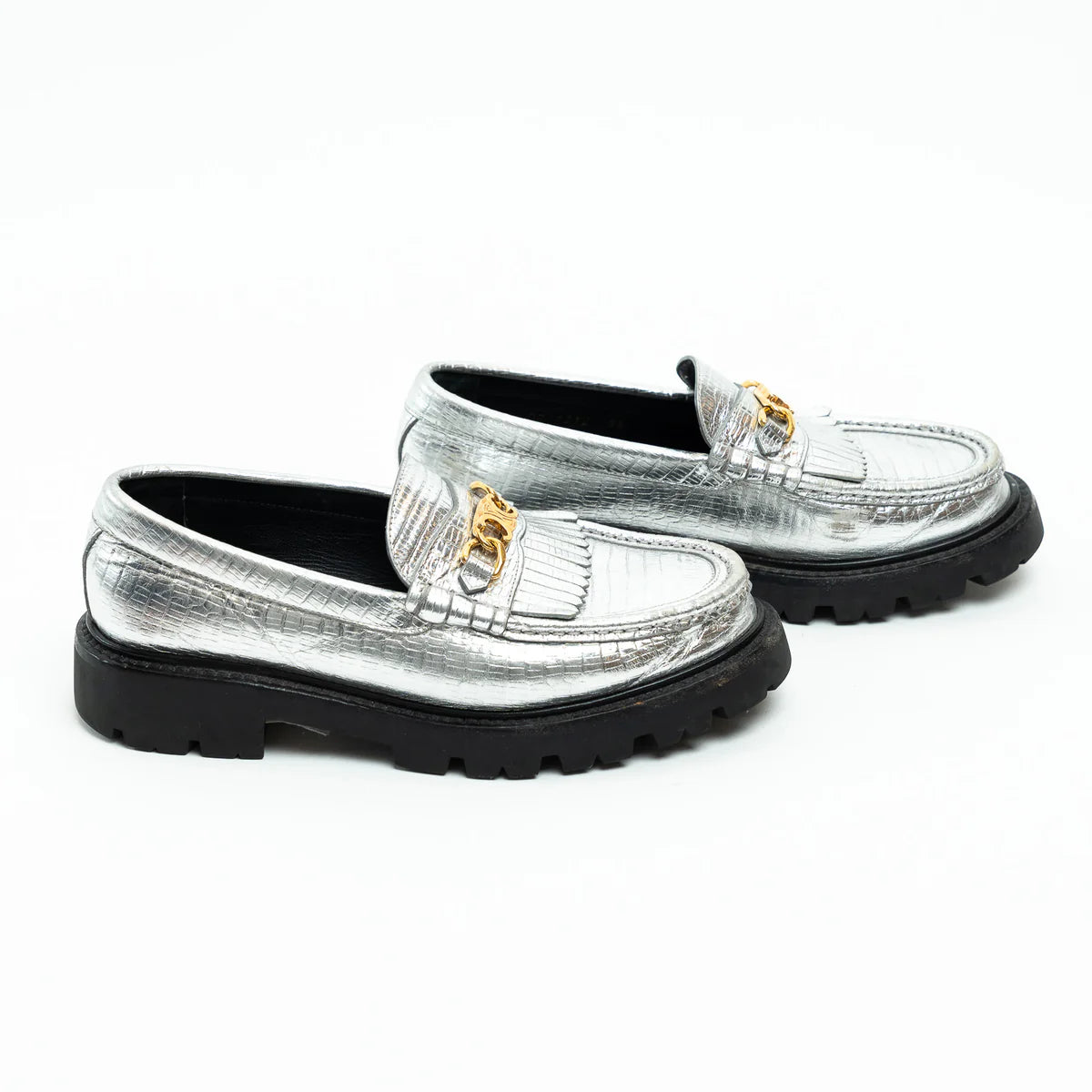 Celine Metallic Croc Embossed Leather Loafers Size 38