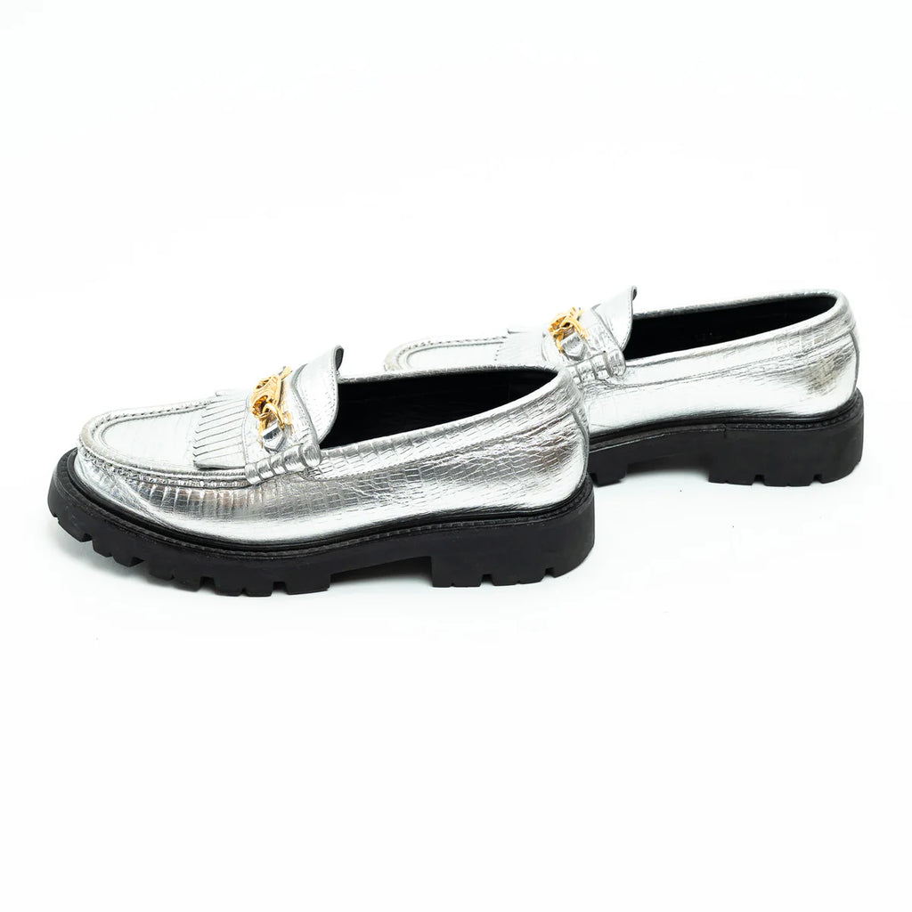 Celine Metallic Croc Embossed Leather Loafers Size 38