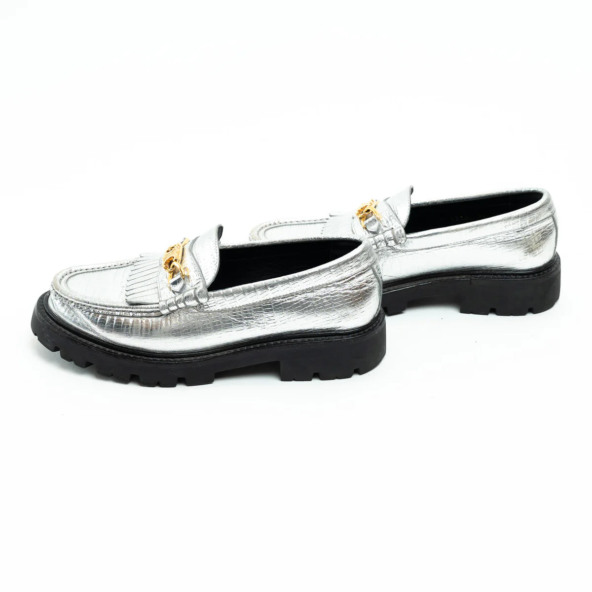 Celine Metallic Croc Embossed Leather Loafers Size 38
