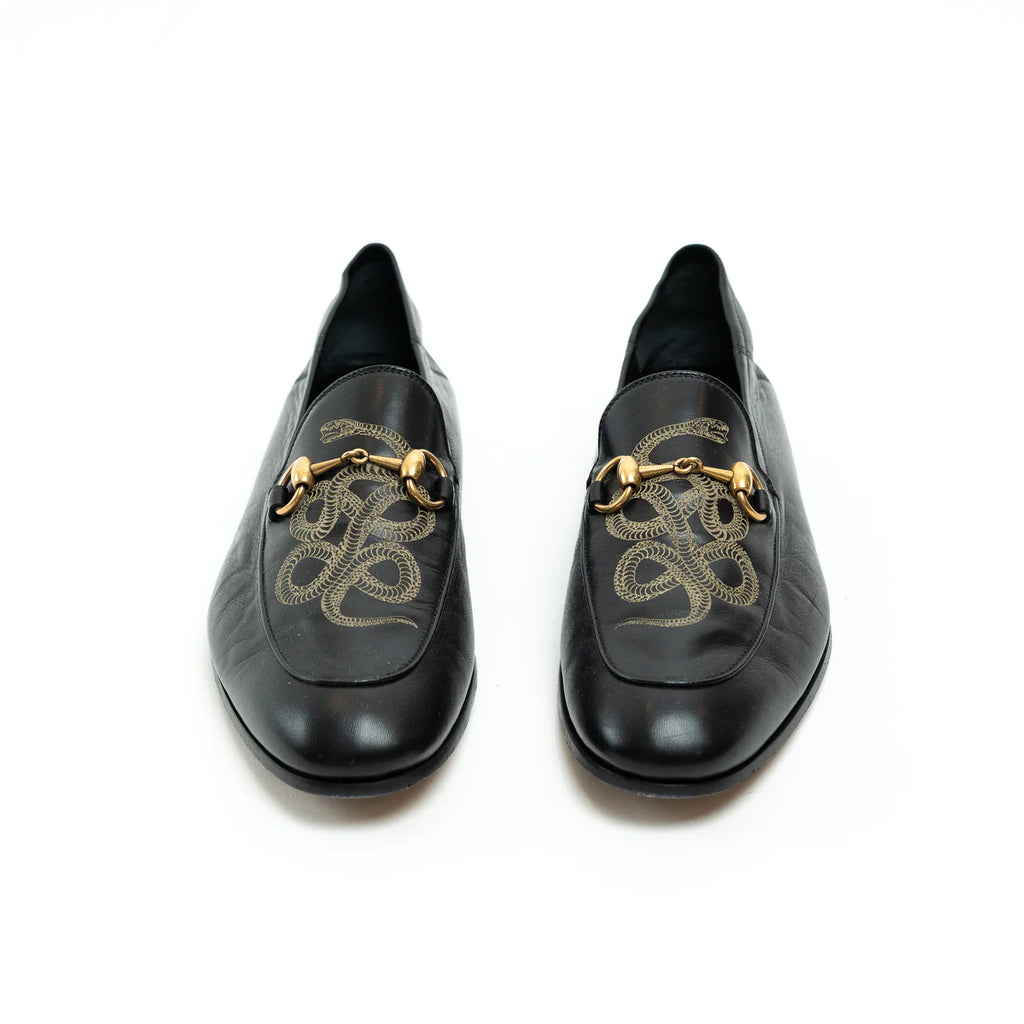 Gucci Black Lambskin Leather Snake Print Horsebit Loafers Size 8