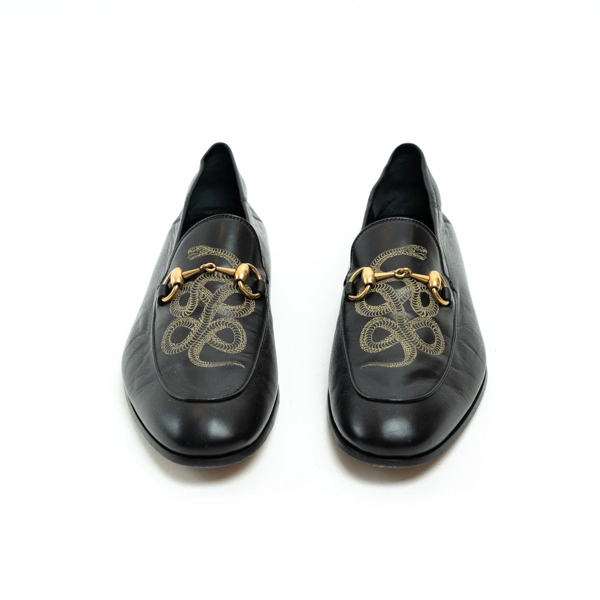 Gucci Black Lambskin Leather Snake Print Horsebit Loafers Size 8