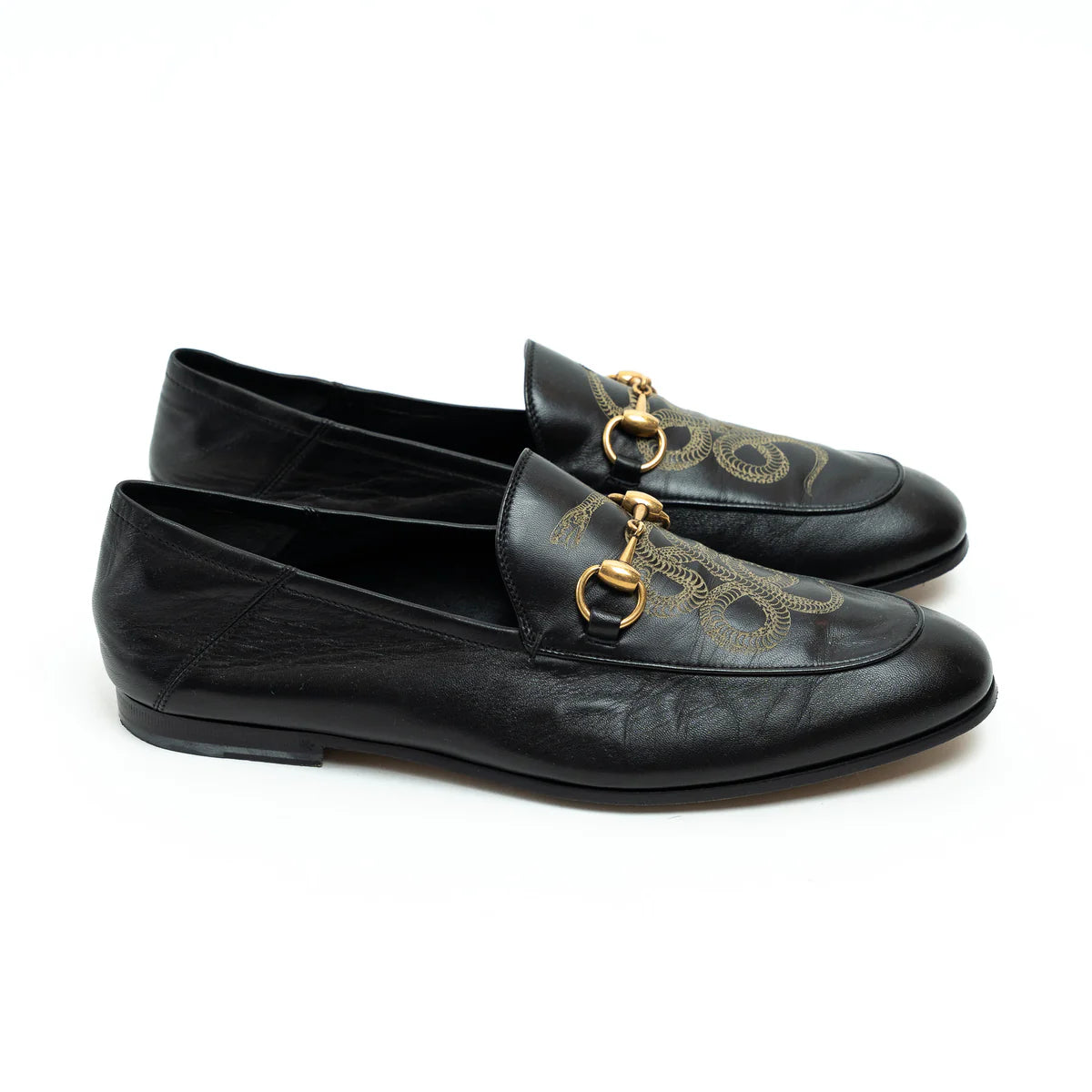 Gucci Black Lambskin Leather Snake Print Horsebit Loafers Size 8
