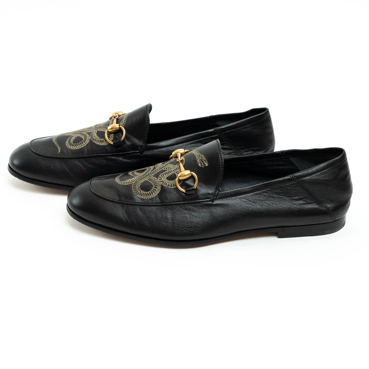 Gucci Black Lambskin Leather Snake Print Horsebit Loafers Size 8