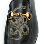 Gucci Black Lambskin Leather Snake Print Horsebit Loafers Size 8