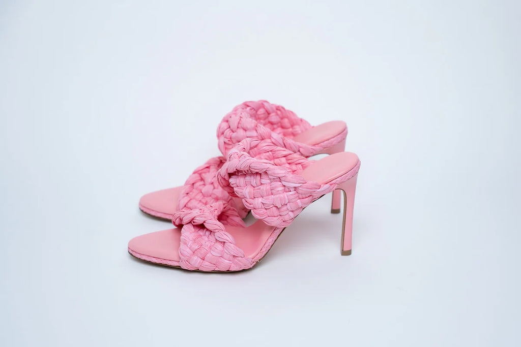 Bottega Veneta Woven Raffia Pink Heeled Sandals Size 39.5 Coeur Cult Core