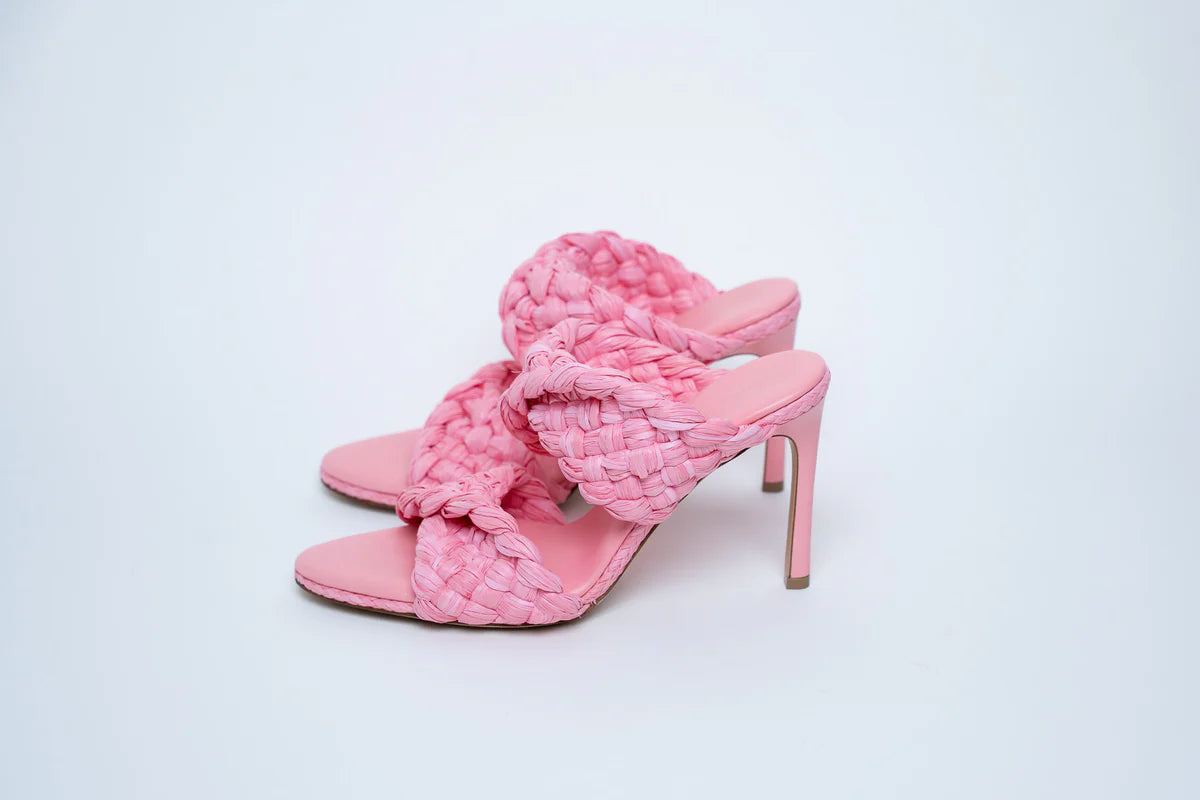 Bottega Veneta Woven Raffia Pink Heeled Sandals Size 39.5 Coeur Cult Core