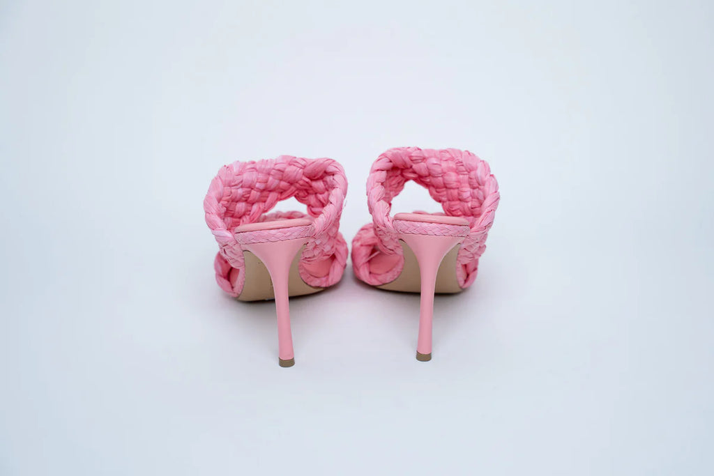 Bottega Veneta Woven Raffia Pink Heeled Sandals Size 39.5 Coeur Cult Core
