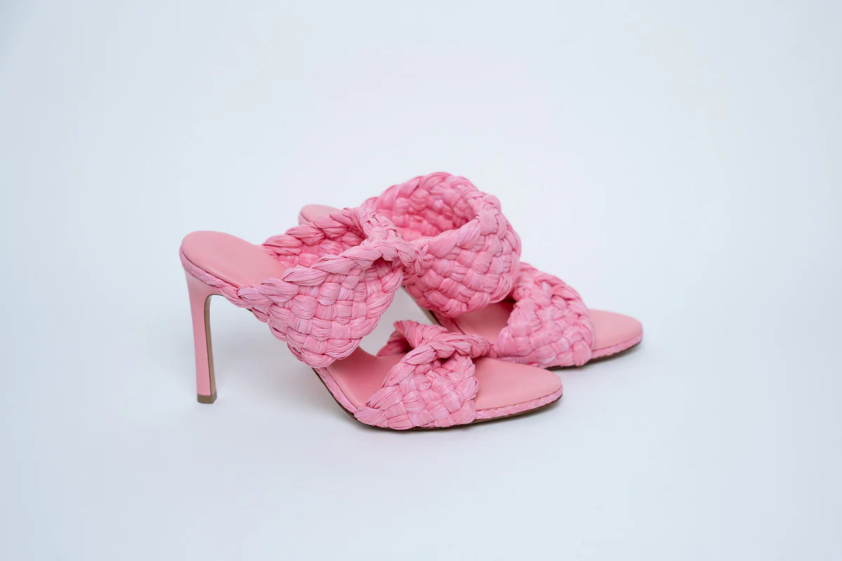 Bottega Veneta Woven Raffia Pink Heeled Sandals Size 39.5 Coeur Cult Core