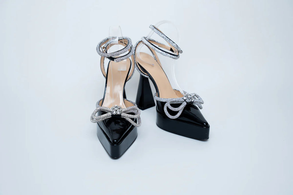 Mach &amp; Mach Black Patent Heels with Crystal Embellished Bow and Ankle Strap Size 40