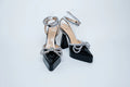 Mach &amp; Mach Black Patent Heels with Crystal Embellished Bow and Ankle Strap Size 40