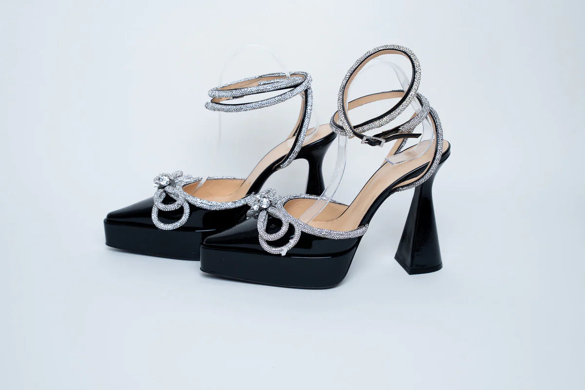 Mach &amp; Mach Black Patent Heels with Crystal Embellished Bow and Ankle Strap Size 40