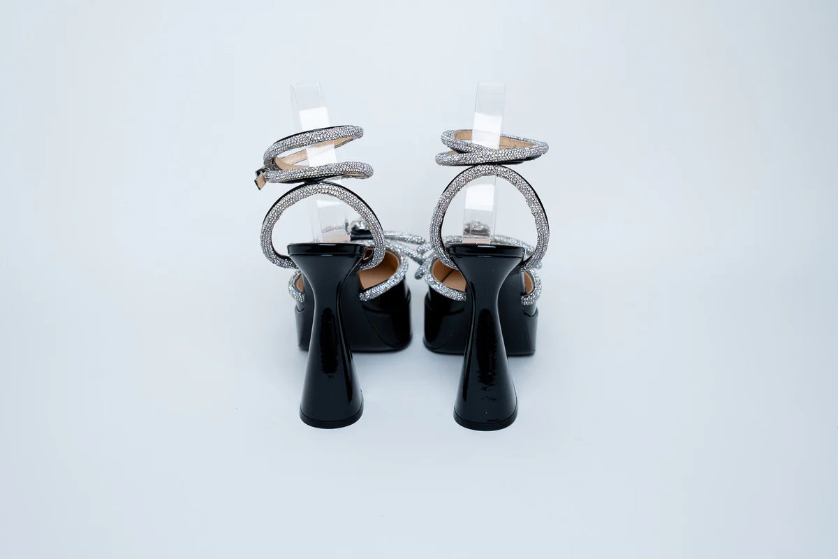 Mach &amp; Mach Black Patent Heels with Crystal Embellished Bow and Ankle Strap Size 40