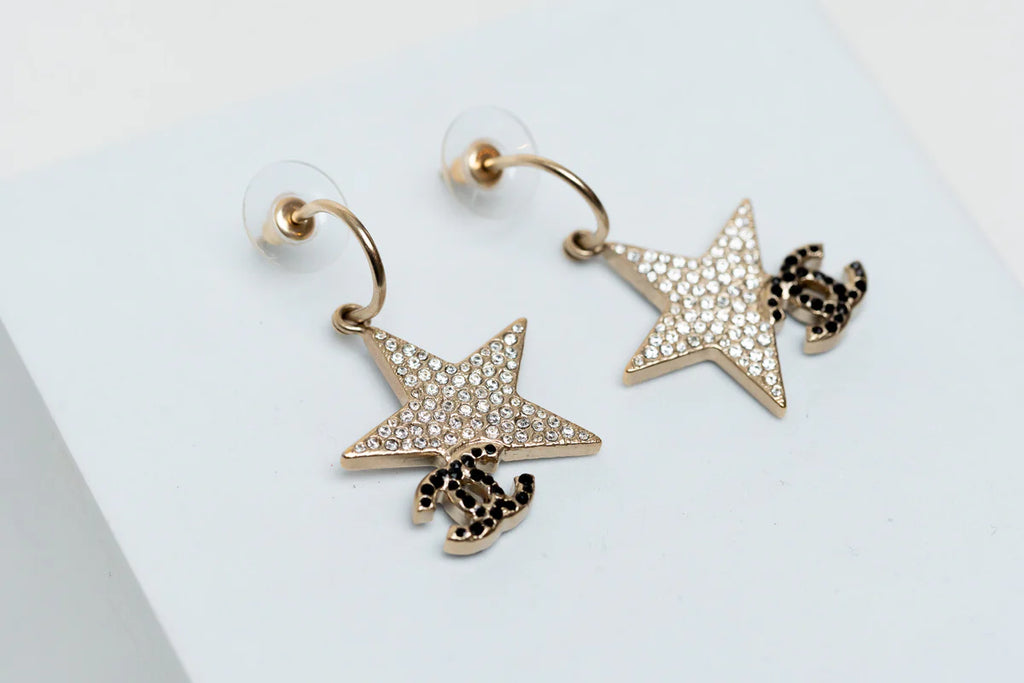 Gold-Tone Star Earrings with Crystal Embellishments and CC Logo