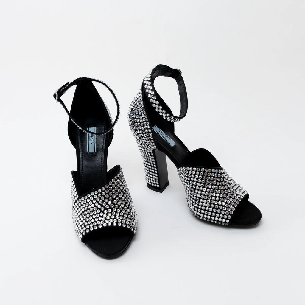 Prada Black Satin Crystal Embellished Sandals Size 41 Coeur Cult Core