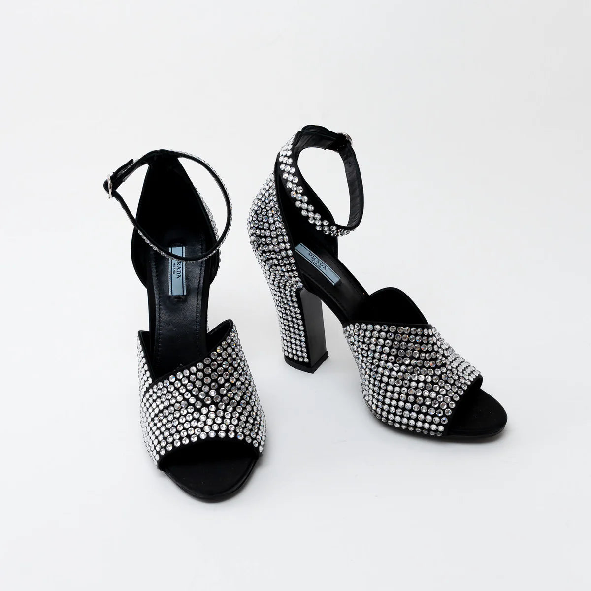 Prada Black Satin Crystal Embellished Sandals Size 41 Coeur Cult Core