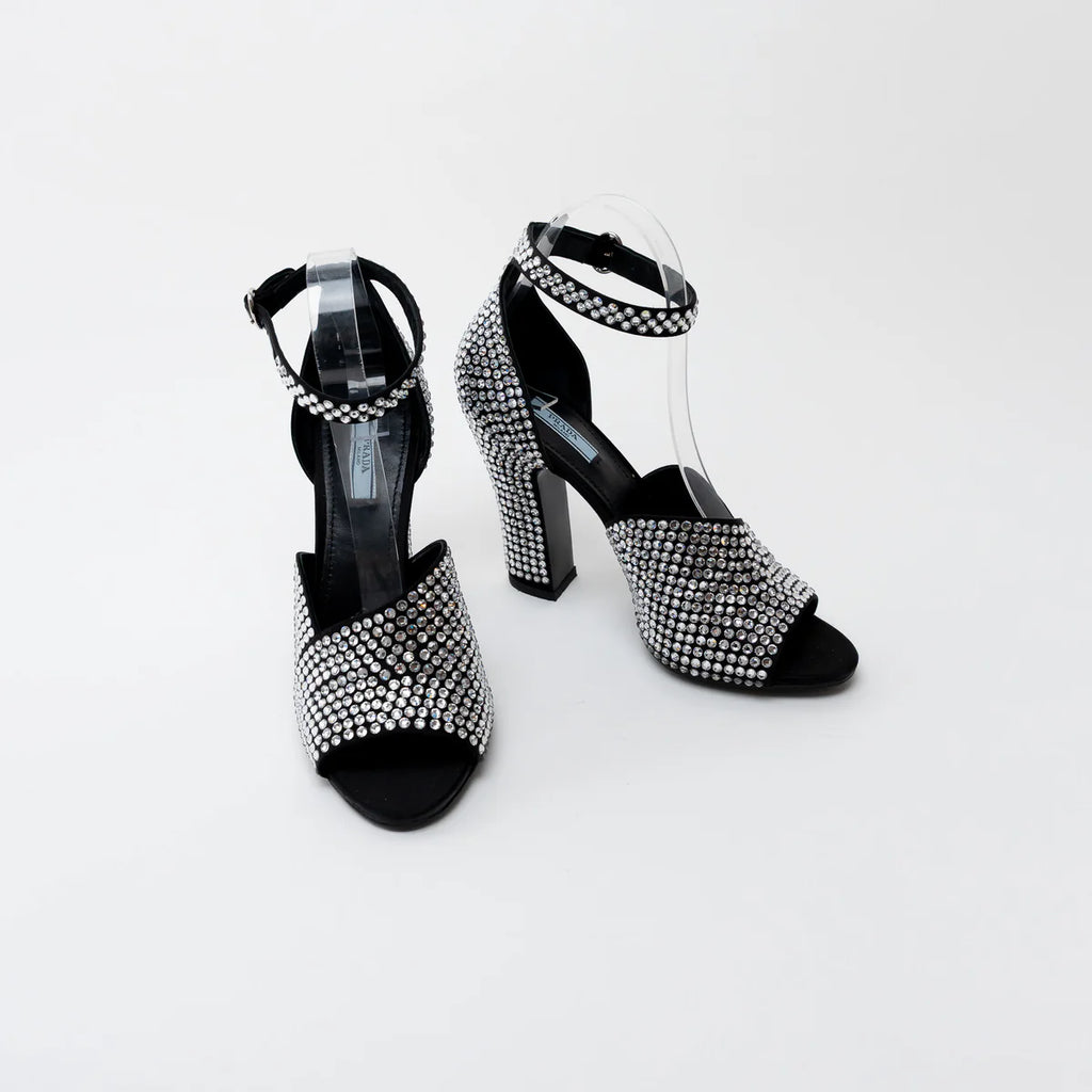Prada Black Satin Crystal Embellished Sandals Size 41 Coeur Cult Core