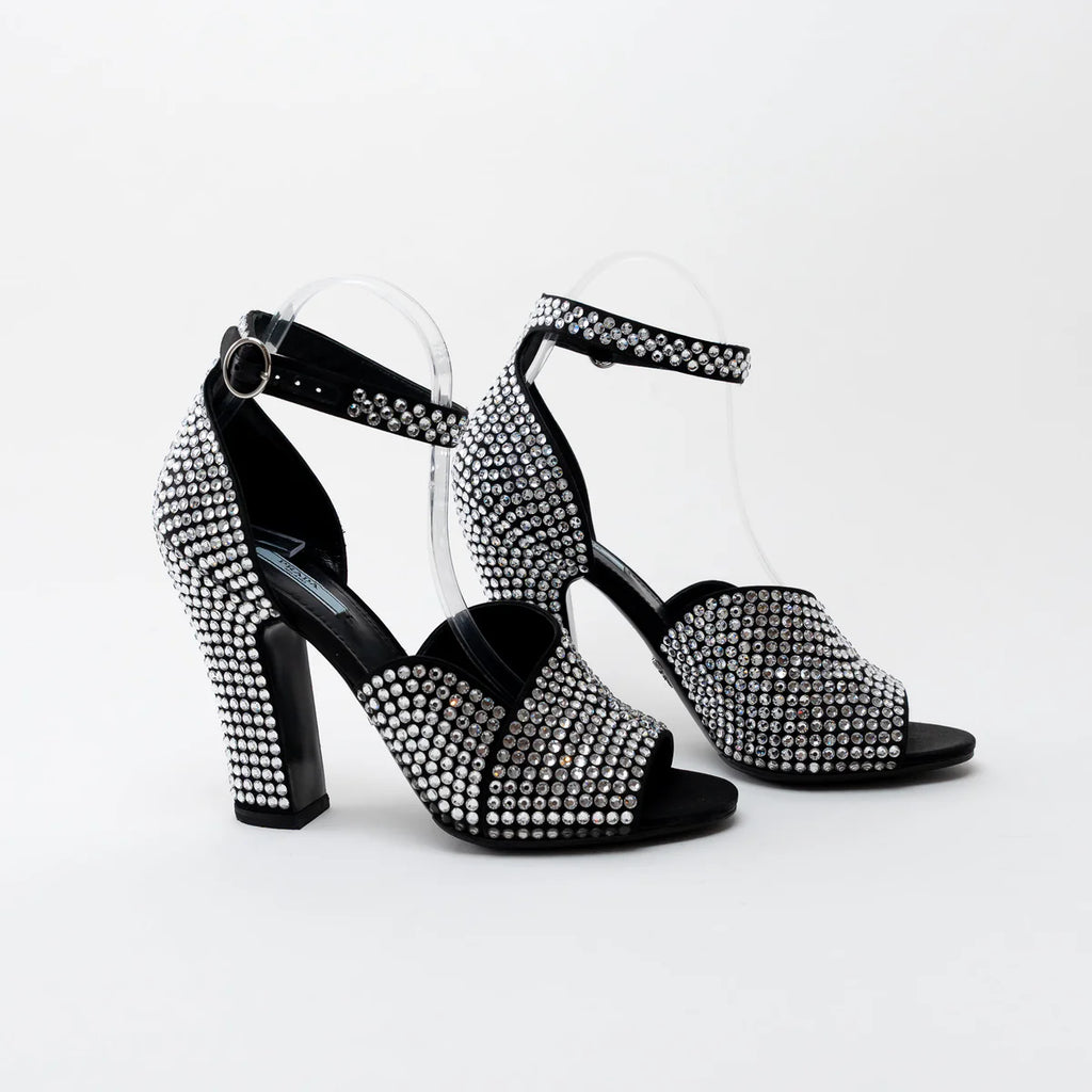Prada Black Satin Crystal Embellished Sandals Size 41 Coeur Cult Core