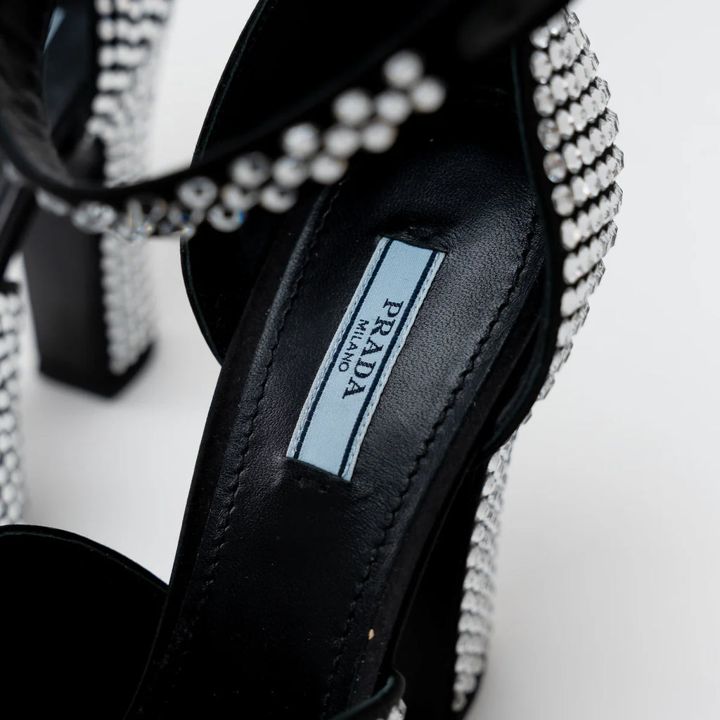 Prada Black Satin Crystal Embellished Sandals Size 41 Coeur Cult Core