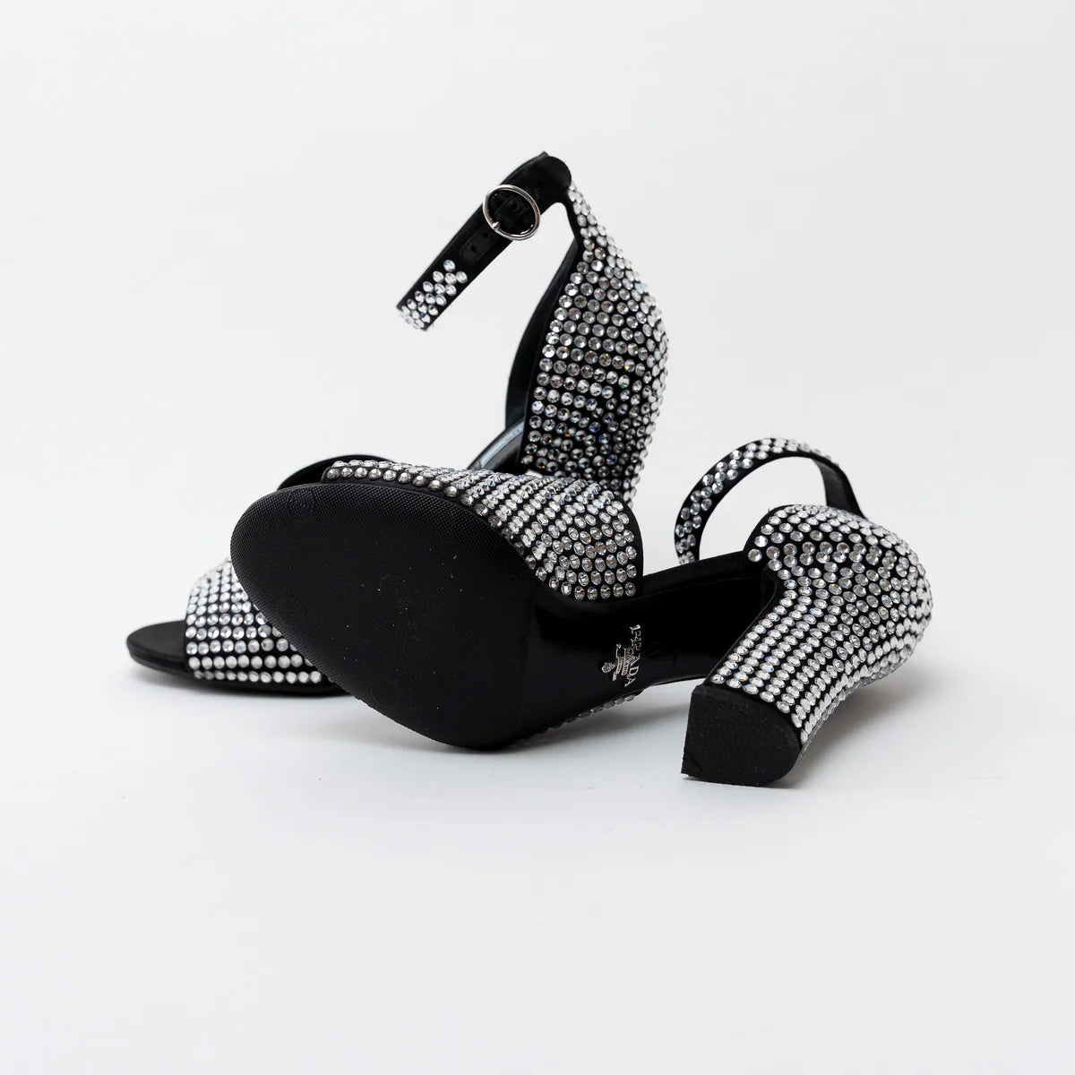 Prada Black Satin Crystal Embellished Sandals Size 41 Coeur Cult Core