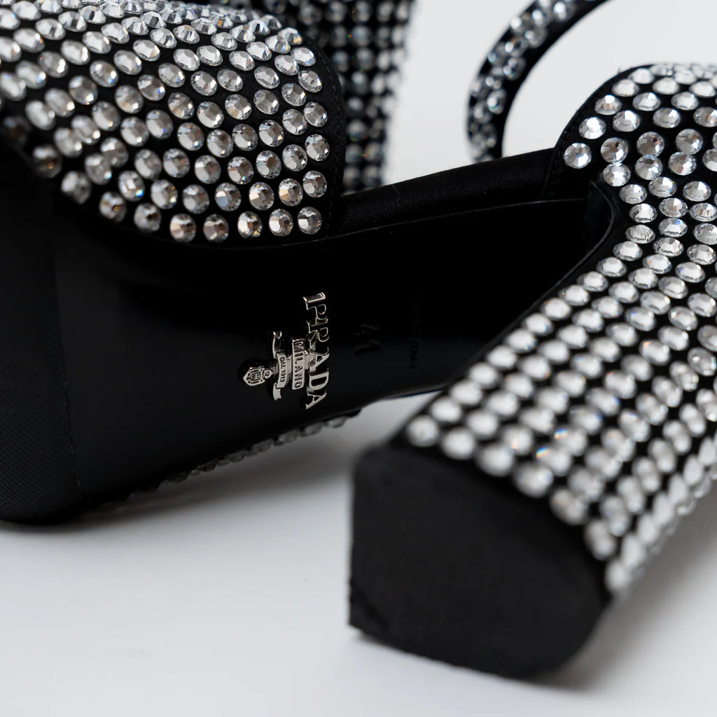 Prada Black Satin Crystal Embellished Sandals Size 41 Coeur Cult Core