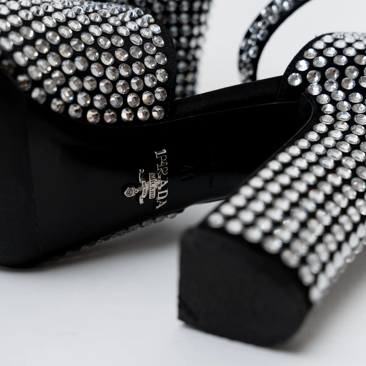 Prada Black Satin Crystal Embellished Sandals Size 41 Coeur Cult Core