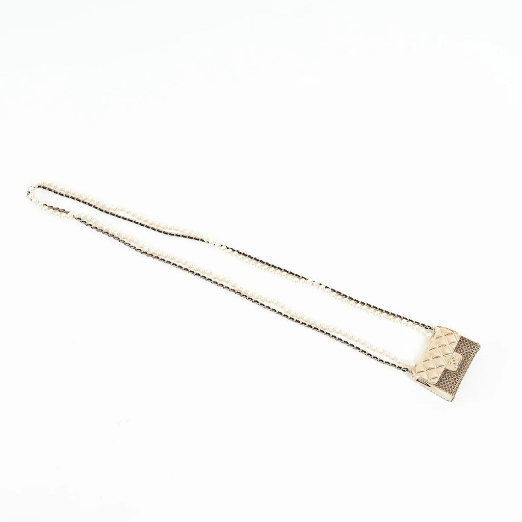 Gold Tone Faux Pearl Flap Bag Necklace