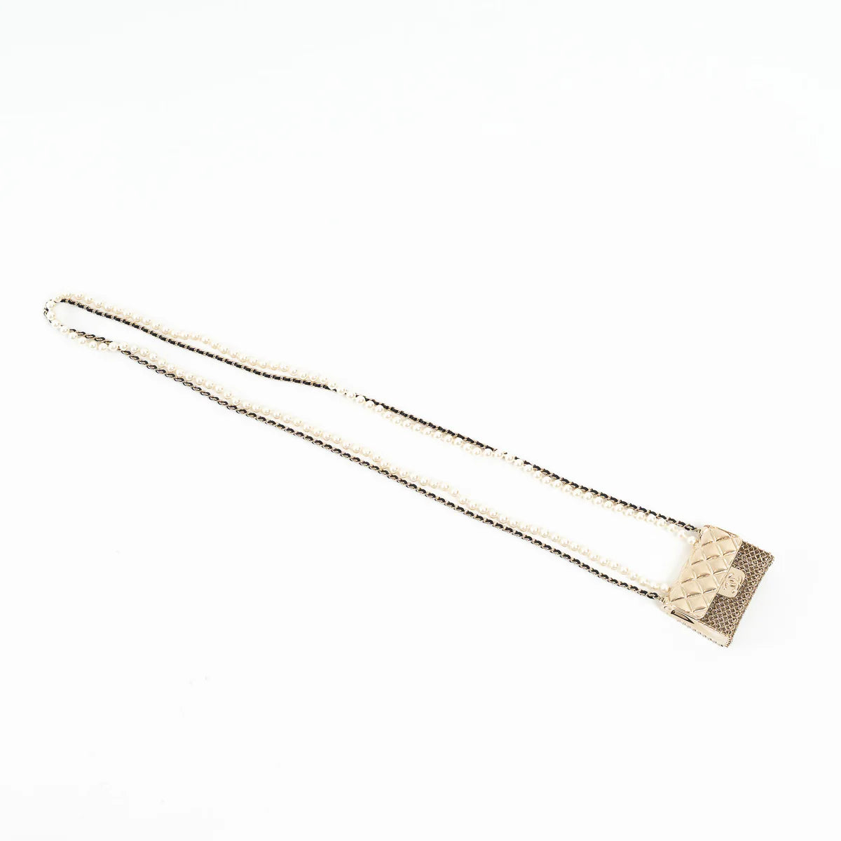 Gold Tone Faux Pearl Flap Bag Necklace