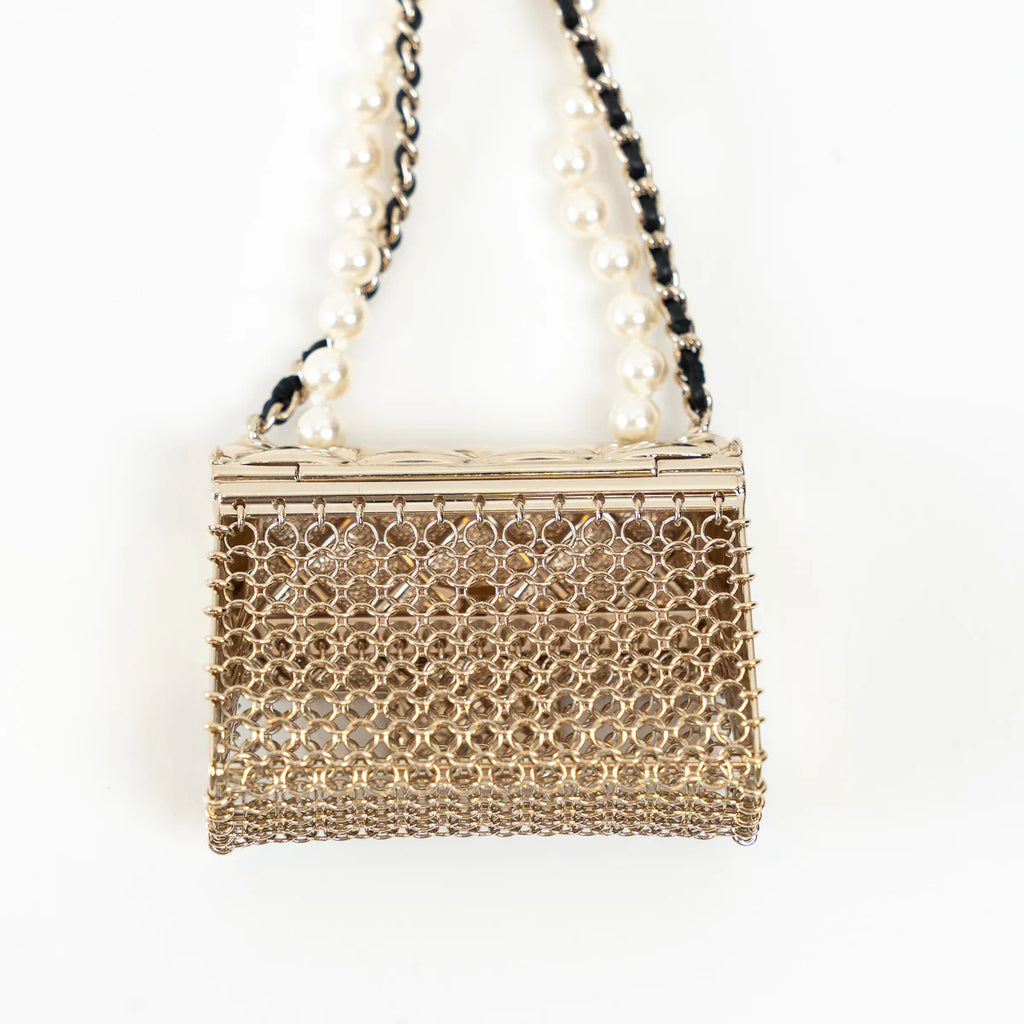 Gold Tone Faux Pearl Flap Bag Necklace