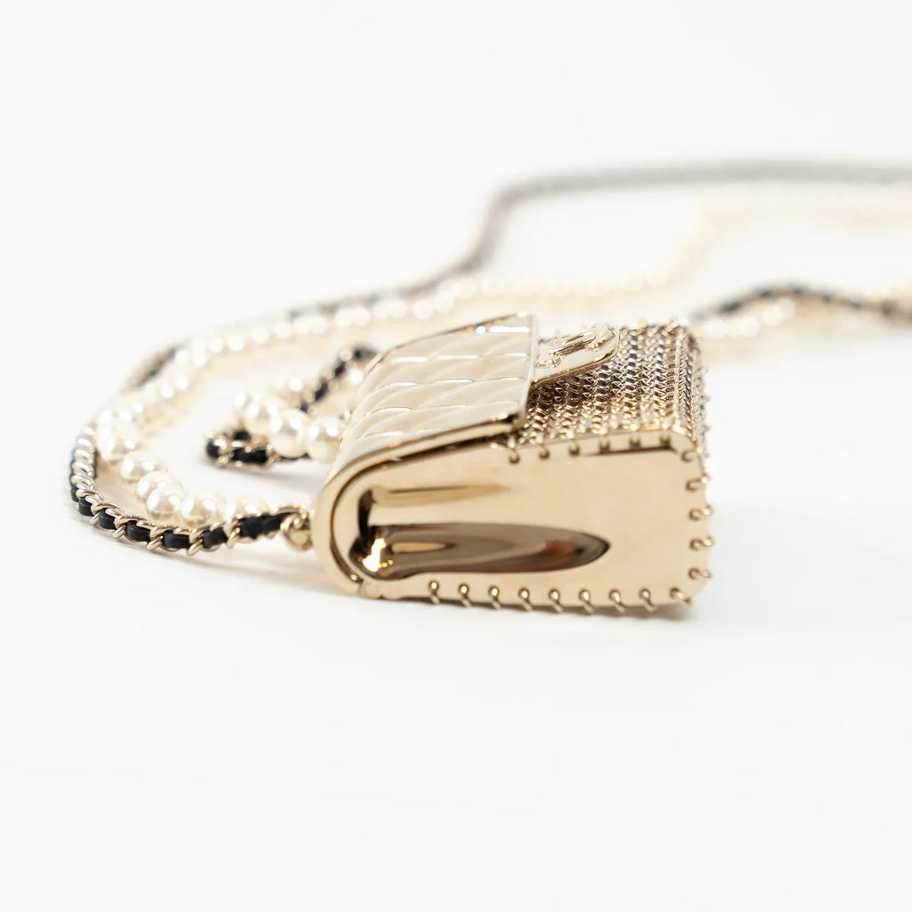 Gold Tone Faux Pearl Flap Bag Necklace