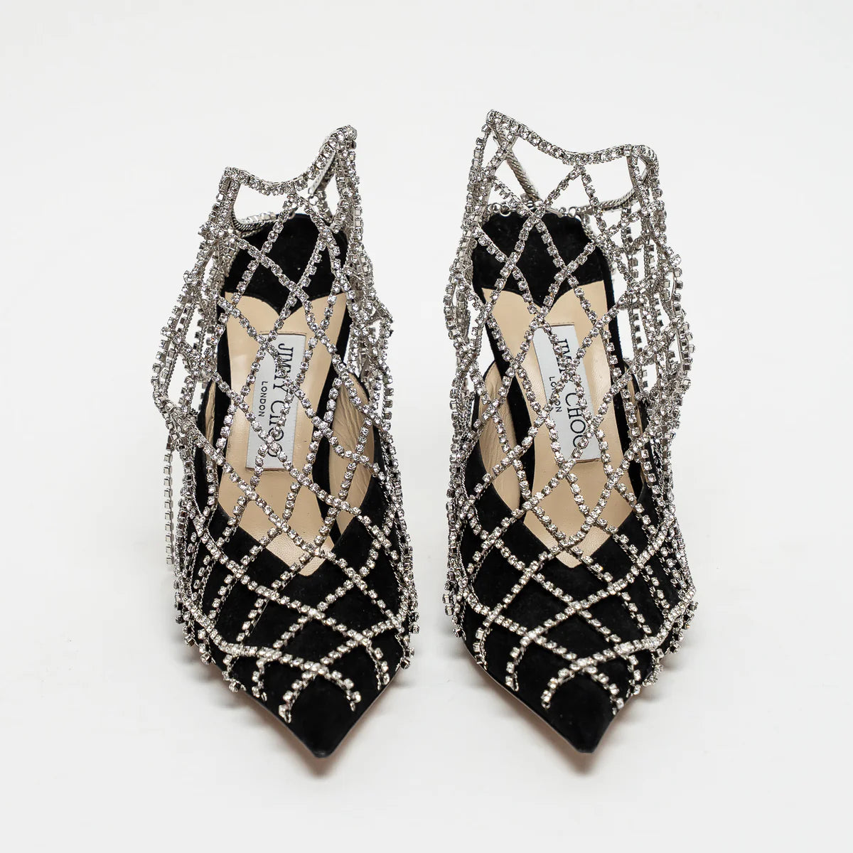 Black Suede Crystal Chain Mesh Sandals Size 40.5