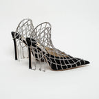 Black Suede Crystal Chain Mesh Sandals Size 40.5