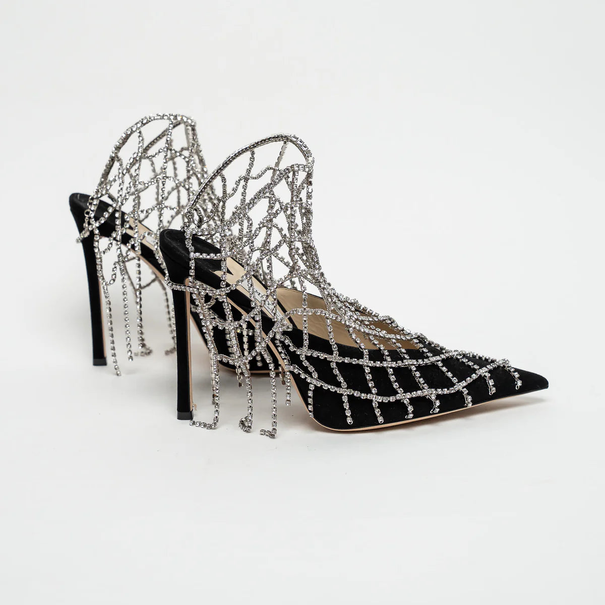 Black Suede Crystal Chain Mesh Sandals Size 40.5