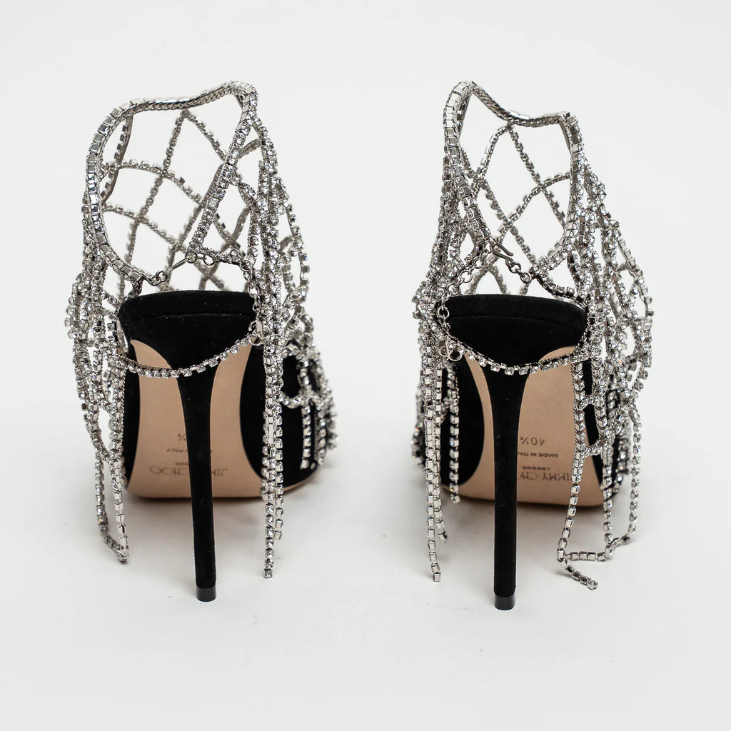 Black Suede Crystal Chain Mesh Sandals Size 40.5