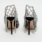 Black Suede Crystal Chain Mesh Sandals Size 40.5