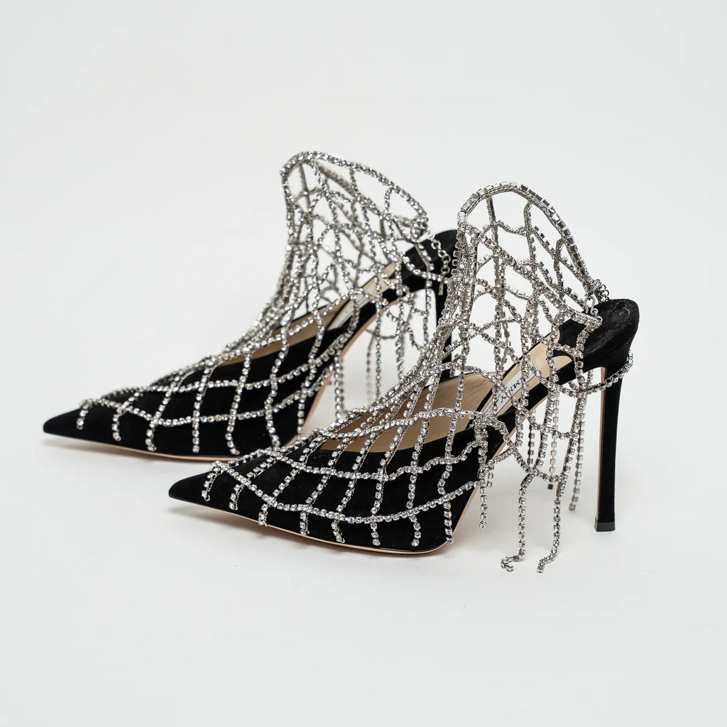 Black Suede Crystal Chain Mesh Sandals Size 40.5