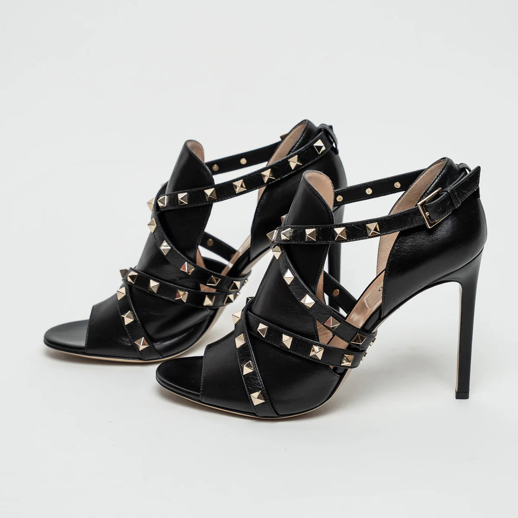 Black Leather Rockstud Sandals Size 39.5